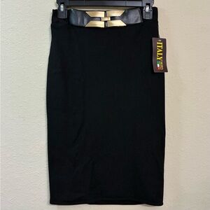 Italy Moda Black Pencil Skirt Gold Metal Belt High Waist Midi Made in Italy Med